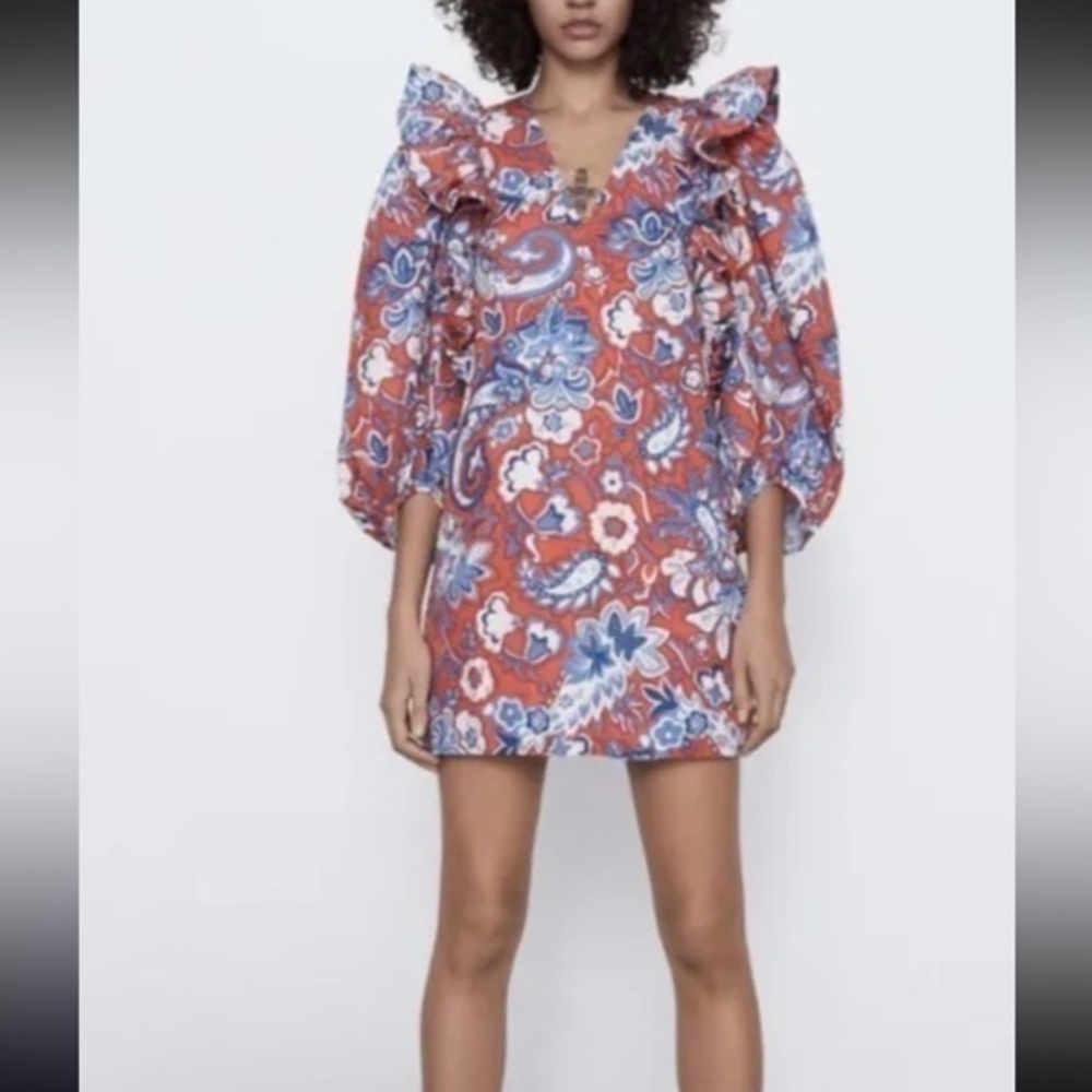 Zara Size XS RUFFLED PRINT DRESS